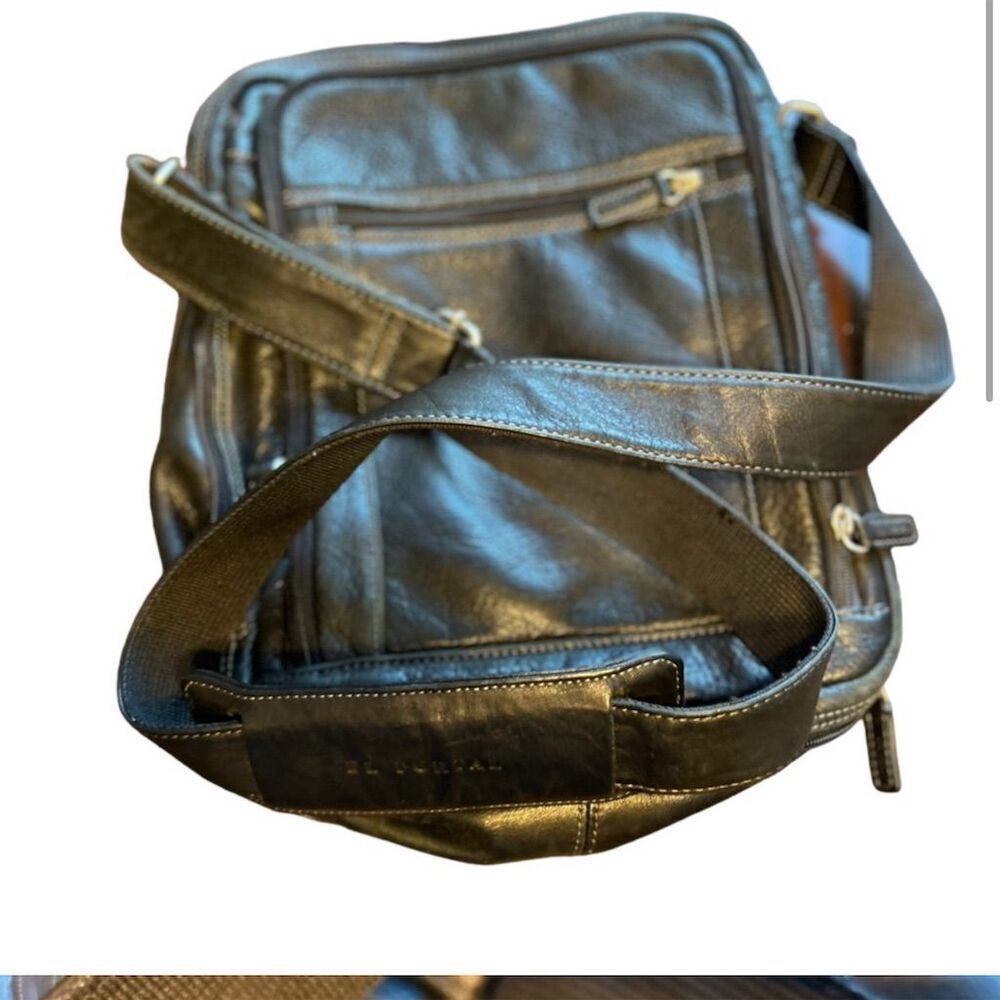 El Portal‎ Unisex Black Leather Crossbody Bag Adjustable Strap
